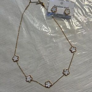Gold and White Stainless Steel Clover Necklace & earring set